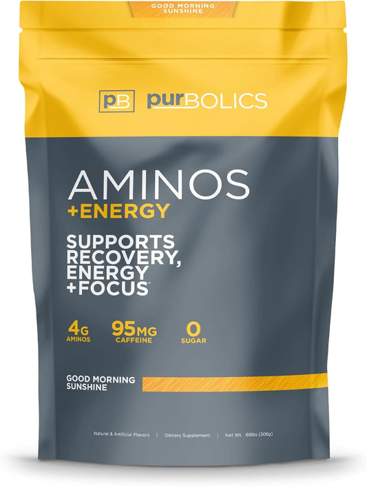 Purbolics Aminos + Energy Supplement - Supports Recovery, Energy, and Focus - 95mg Caffeine, 0 Sugar - 60 Servings - Good Morning Energy Boost
