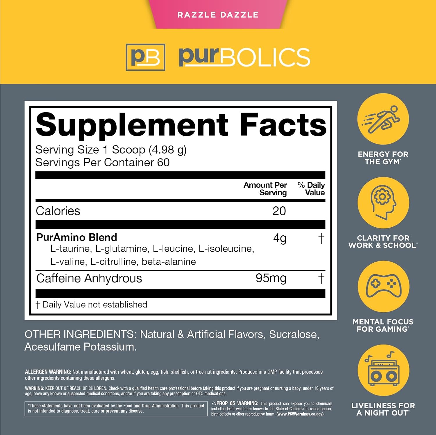 Purbolics Aminos + Energy Supplement | Enhances Recovery, Energy, and Focus | 95mg Caffeine, Zero Sugar, 60 Servings | Razzle Dazzle Flavor