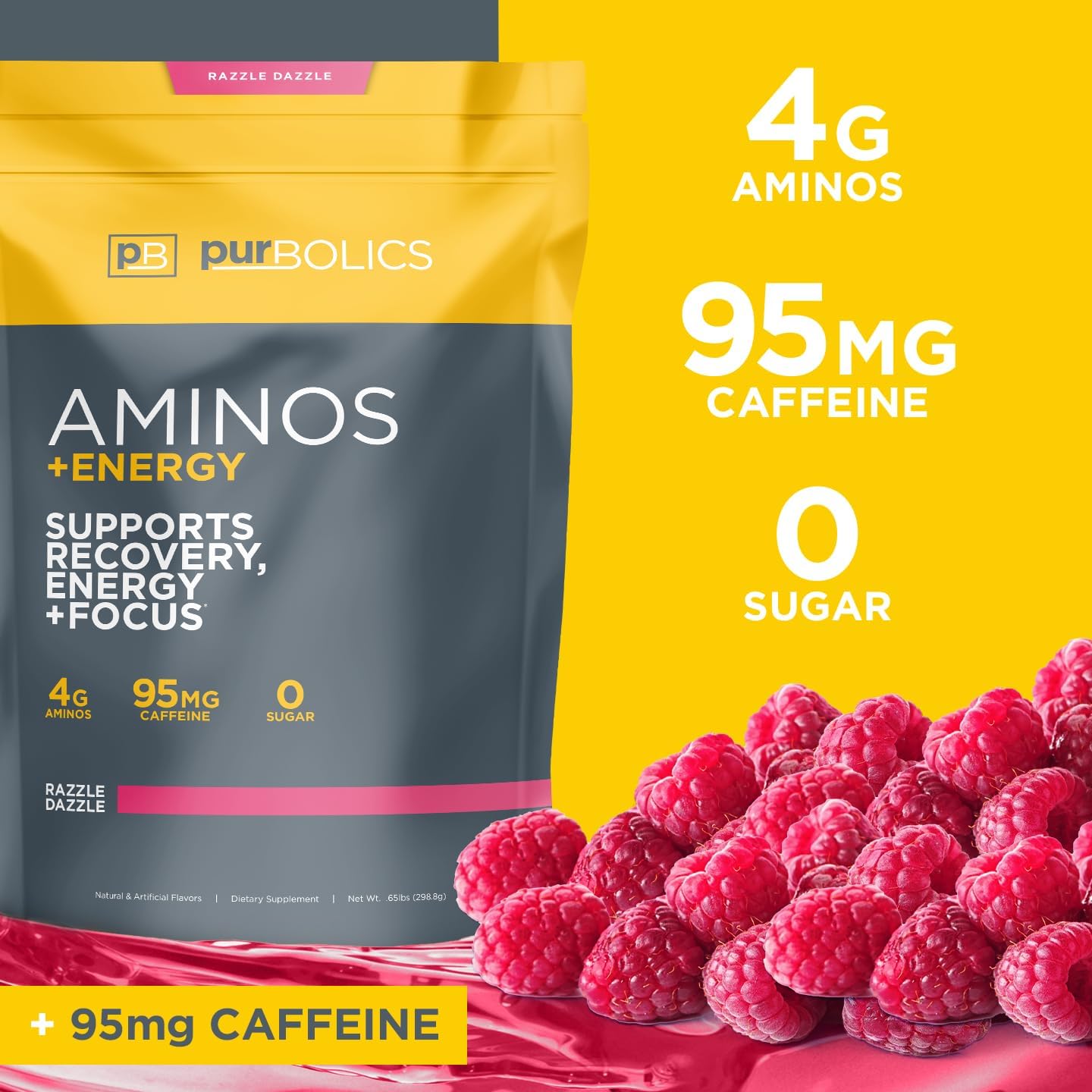 Purbolics Aminos + Energy Supplement | Enhances Recovery, Energy, and Focus | 95mg Caffeine, Zero Sugar, 60 Servings | Razzle Dazzle Flavor