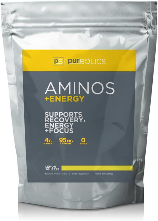 Purbolics Lemon Squeeze Aminos + Energy Supplement - Supports Recovery, Energy, Focus - 95mg Caffeine, 0 Sugar, 60 Servings