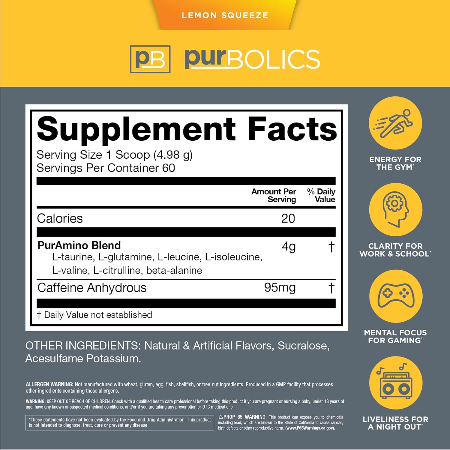 Purbolics Lemon Squeeze Aminos + Energy Supplement - Supports Recovery, Energy, Focus - 95mg Caffeine, 0 Sugar, 60 Servings