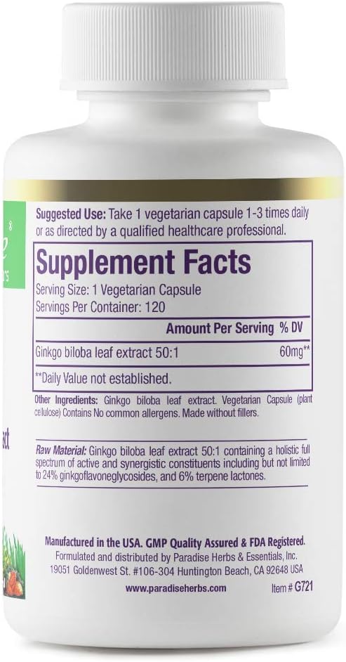 Pure and Potent Vegan Ginkgo Biloba Extract - Non GMO, Gluten Free - 120 Vegetarian Capsules by Paradise Herbs