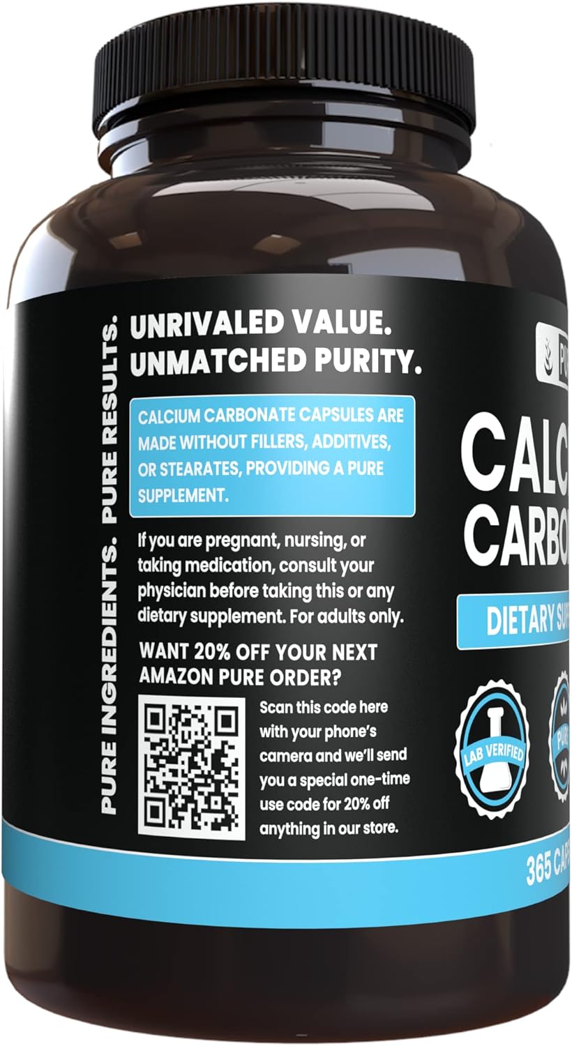 Pure Calcium Carbonate - Original Ingredients, No Magnesium or Rice Fillers - Lab Verified Formula