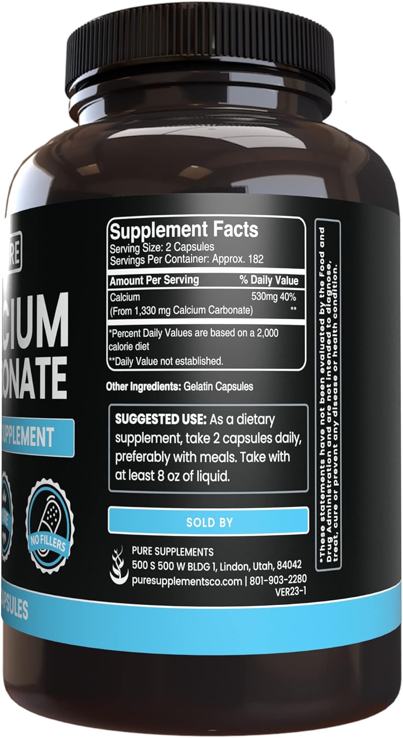 Pure Calcium Carbonate - Original Ingredients, No Magnesium or Rice Fillers - Lab Verified Formula