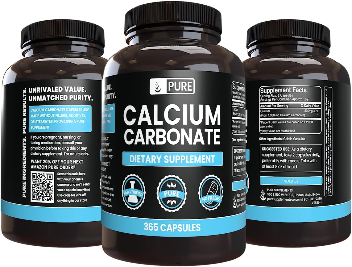 Pure Calcium Carbonate - Original Ingredients, No Magnesium or Rice Fillers - Lab Verified Formula