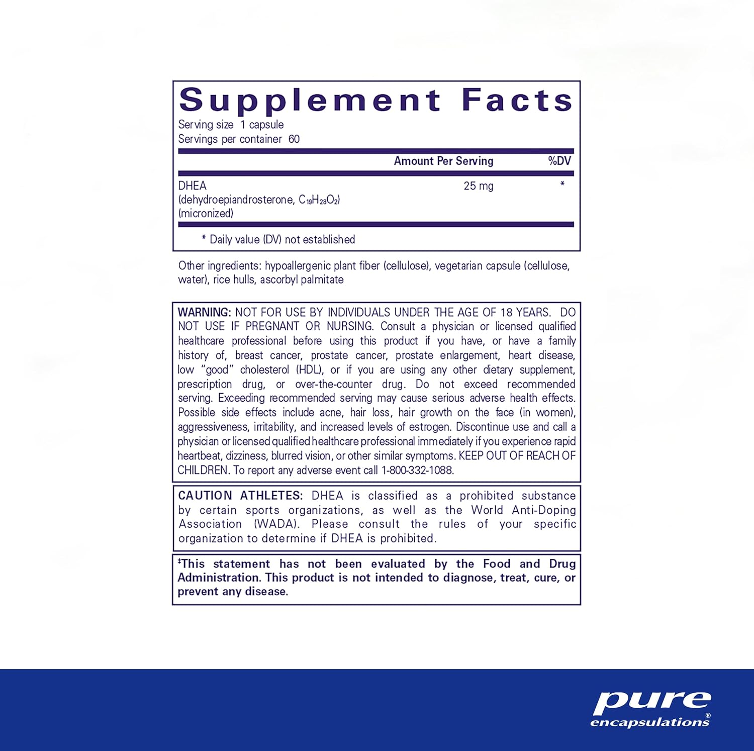 Pure Encapsulations DHEA 25 mg Capsules - Immune, Hormone, Metabolism, Energy Support - Micronized DHEA - 60 Count