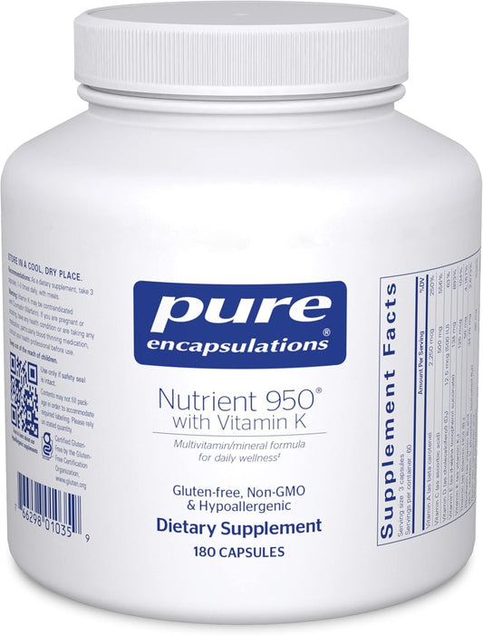 Pure Encapsulations Nutrient 950 with Vitamin K - 180 Capsules - Multivitamin & Mineral Supplement for Bone & Arterial Support - Gluten Free & Non-GMO - Enhanced Absorption