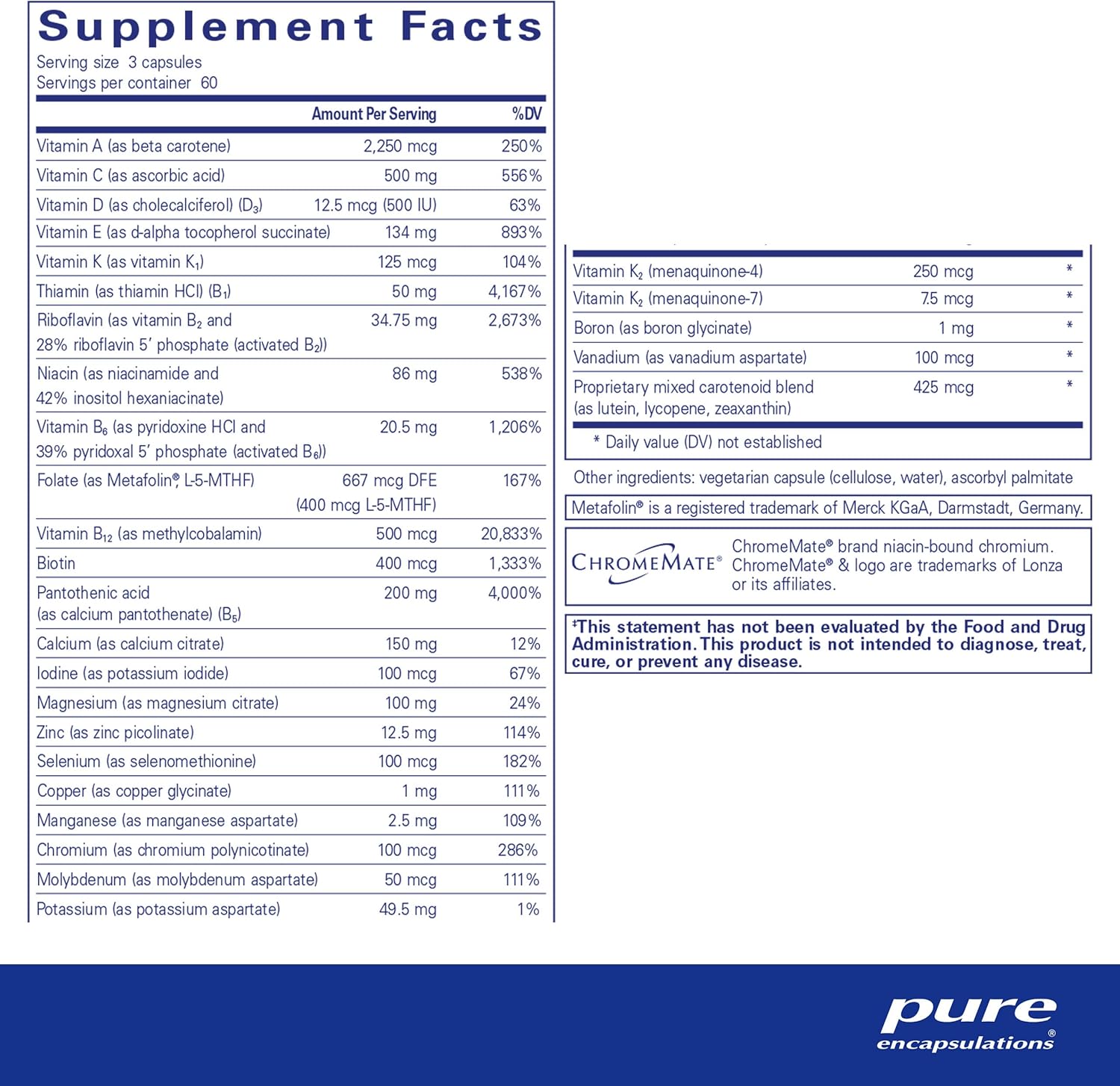 Pure Encapsulations Nutrient 950 with Vitamin K - 180 Capsules - Multivitamin & Mineral Supplement for Bone & Arterial Support - Gluten Free & Non-GMO - Enhanced Absorption