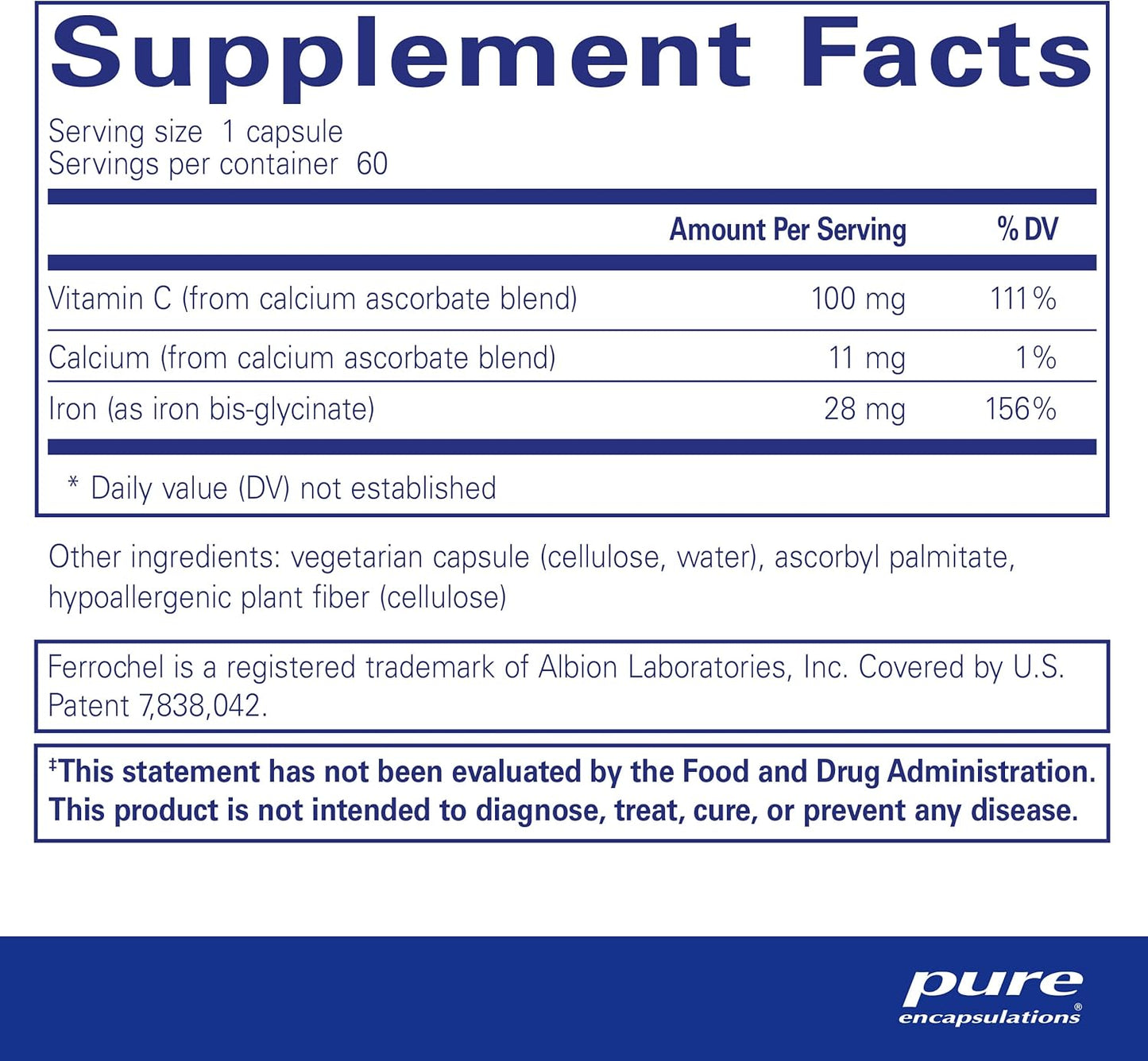 Pure Encapsulations OptiFerin-C Iron Absorption Support Supplement with Vitamin C - 60 Capsules
