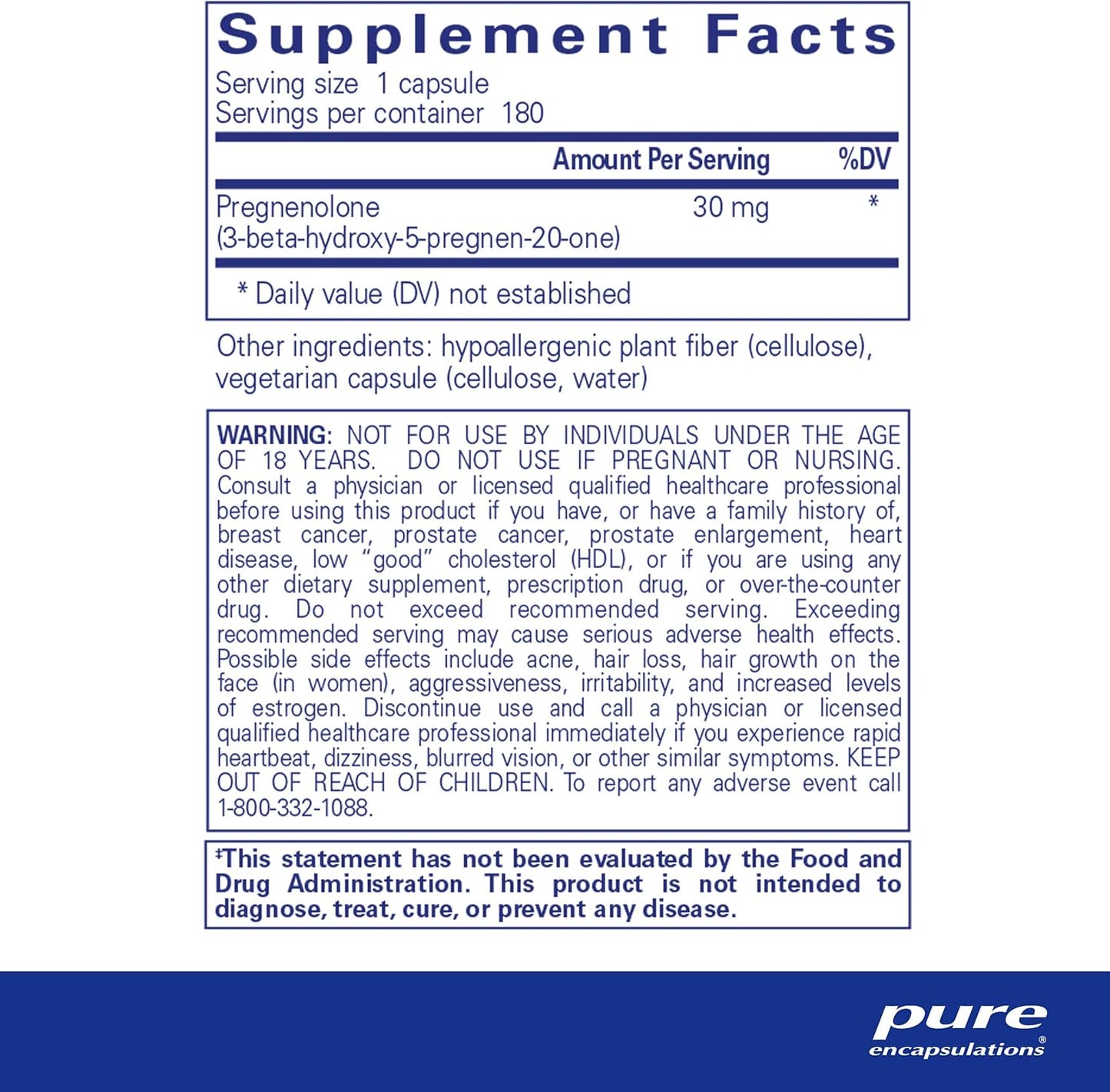 Pure Encapsulations Pregnenolone Capsules - 30 mg for Hormone & Memory Support - Gluten Free Vegan Supplement - 180 Count