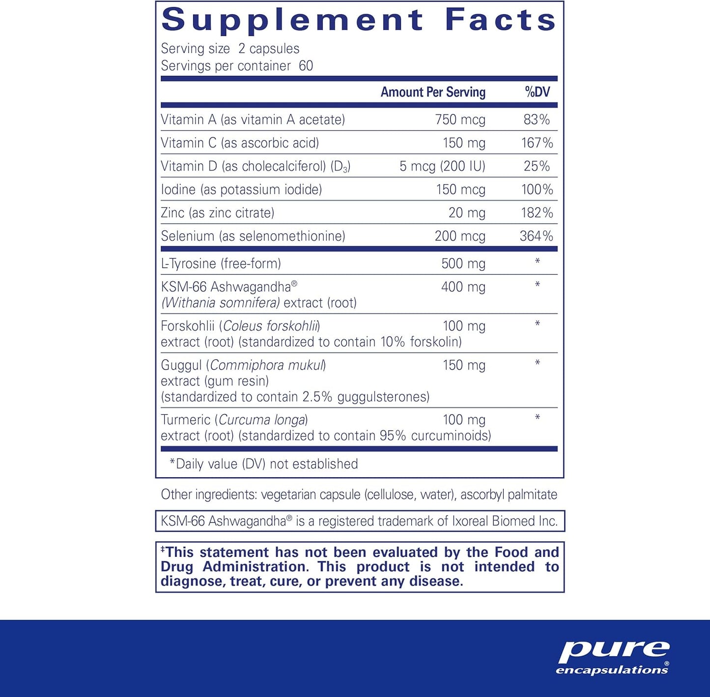 Pure Encapsulations Thyroid Support Complex with Ashwagandha & Iodine - 120 Capsules - Non-GMO & Vegetarian - Antioxidant Infusion for Thyroid Health