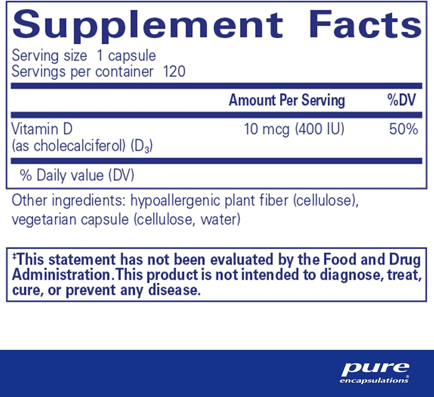 Pure Encapsulations Vitamin D3 10 mcg (400 IU) Capsules for Bone, Breast, Cardiovascular, Colon, Immune Health - 120 Count