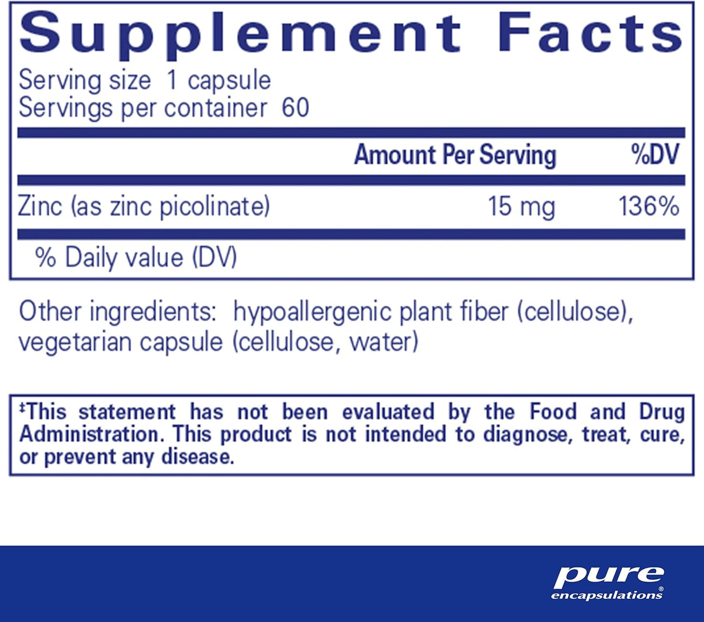 Pure Encapsulations Zinc Picolinate Supplement 15mg - Immune System & Wound Healing Support - 60 Capsules