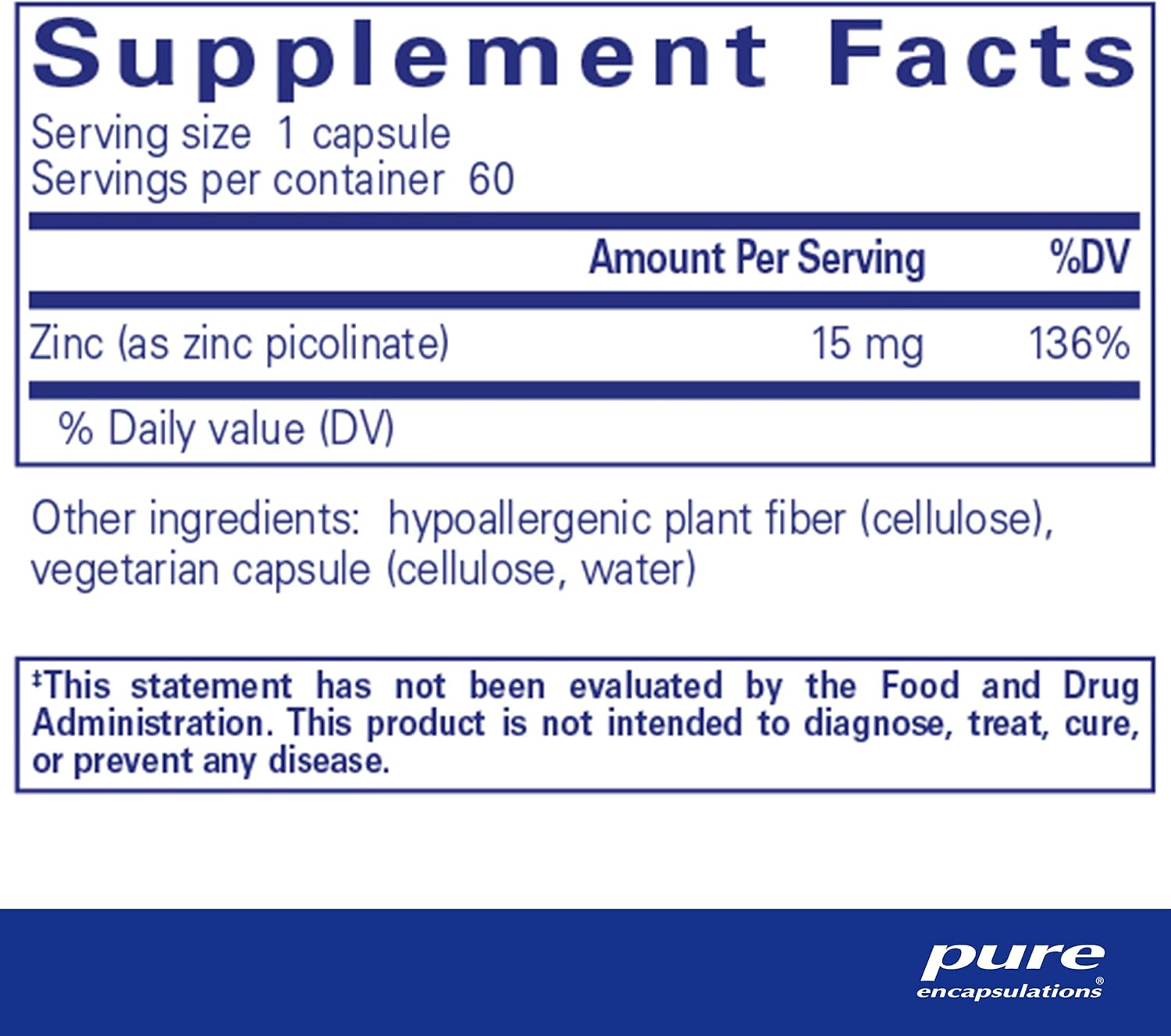 Pure Encapsulations Zinc Picolinate Supplement 15mg - Immune System & Wound Healing Support - 60 Capsules