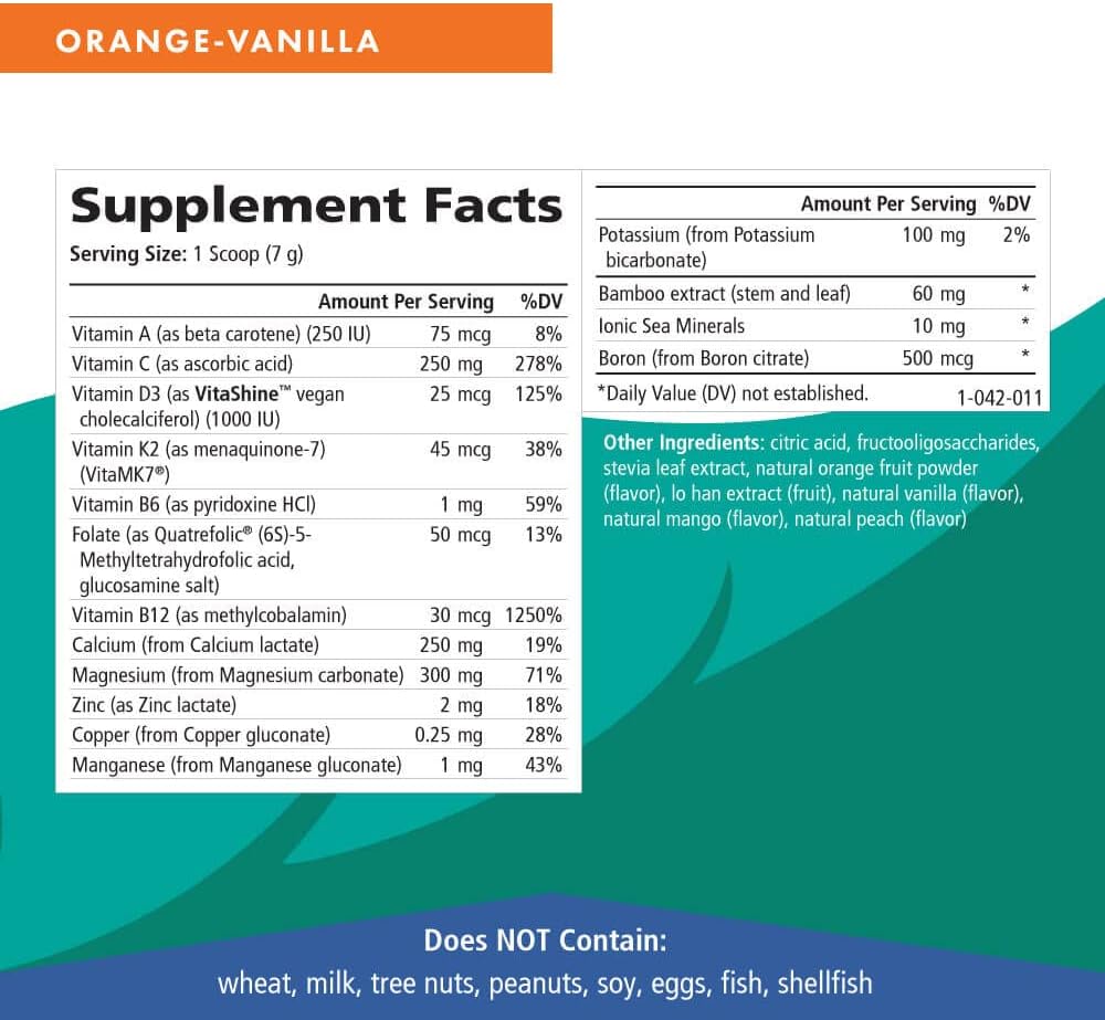 Pure Essence Ionic Super D-K Calcium Plus with Extra Magnesium, Vitamin D3, Vitamin K2 for Strong Bones and Stress Relief - Orange Vanilla - 7.41oz