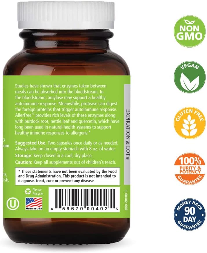 Pure Essence Labs AllerFree: Natural Non Drowsy Allergy Support for Seasonal Allergies - 60 Capsules with Enzymes and Herbs