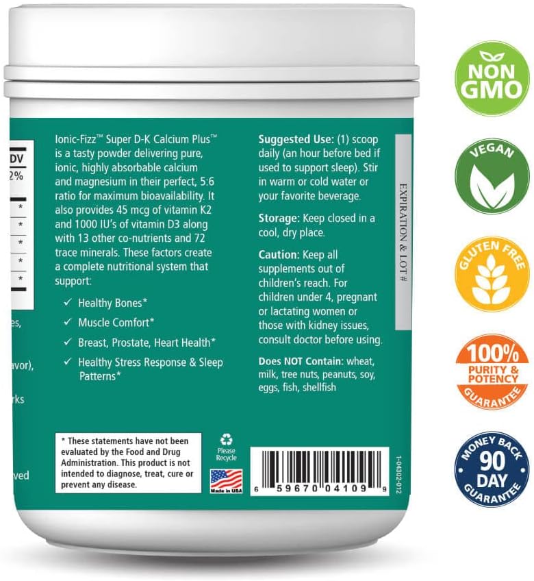 Pure Essence Labs Ionic Fizz Super D-K Calcium Plus with Magnesium, Vitamin D3, Vitamin K2 - Orange Vanilla - 14.82oz