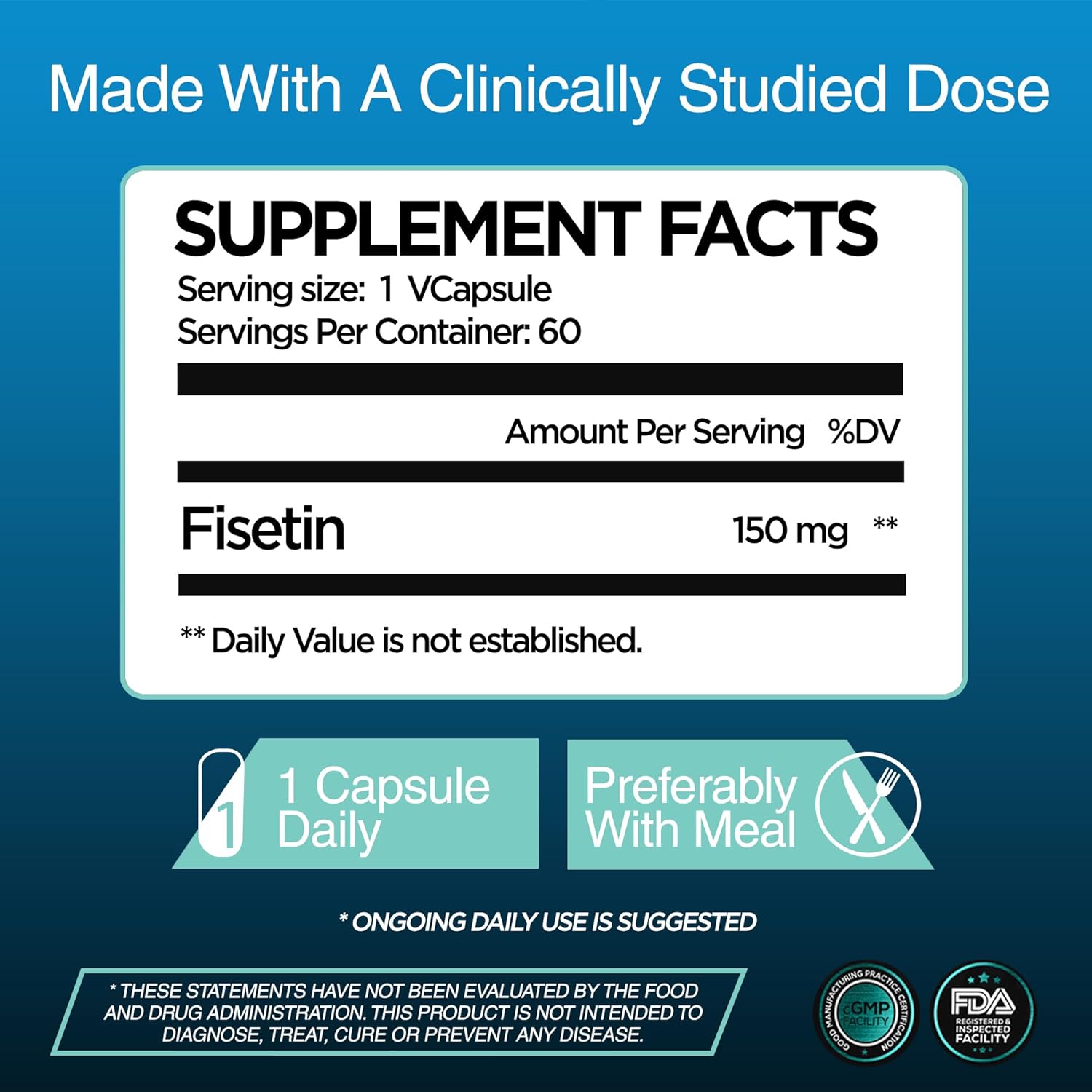 Pure Fisetin 150mg Supplement for Cognitive Support | Powerful Serving Size | Gluten Free, Vegan, Non-GMO | Made in USA | 60 Capsules