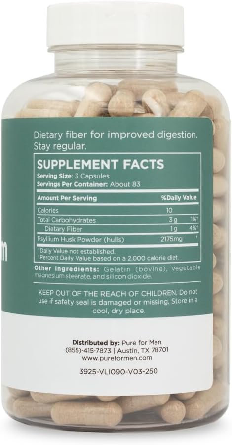 Pure for Men Daily Psyllium Husk Fiber Supplement for Women | Supports Digestive Regularity & Gut Health | 250 Capsules, 2,175mg Per Serving