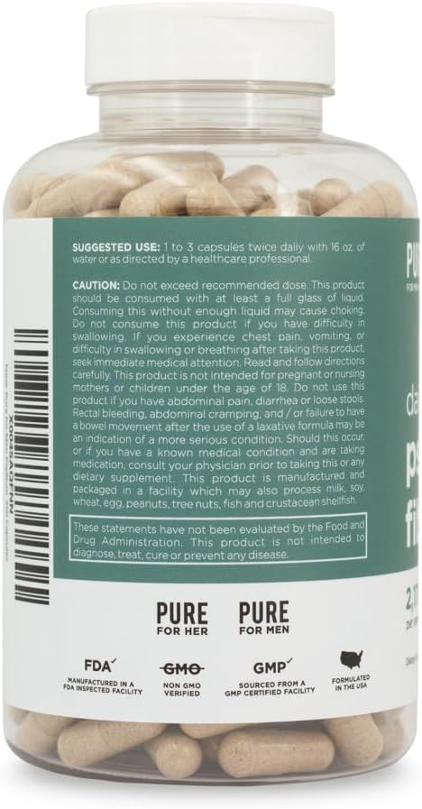 Pure for Men Daily Psyllium Husk Fiber Supplement for Women | Supports Digestive Regularity & Gut Health | 250 Capsules, 2,175mg Per Serving