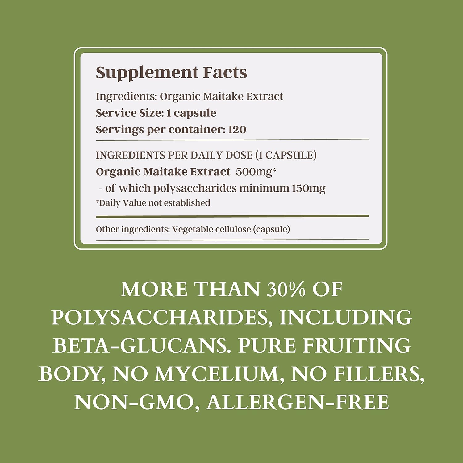 Pure Fruiting Body Maitake Mushroom Supplement - 30% Polysaccharides, 500mg, 120 Veggie Caps - Immune Function & Energy Boost