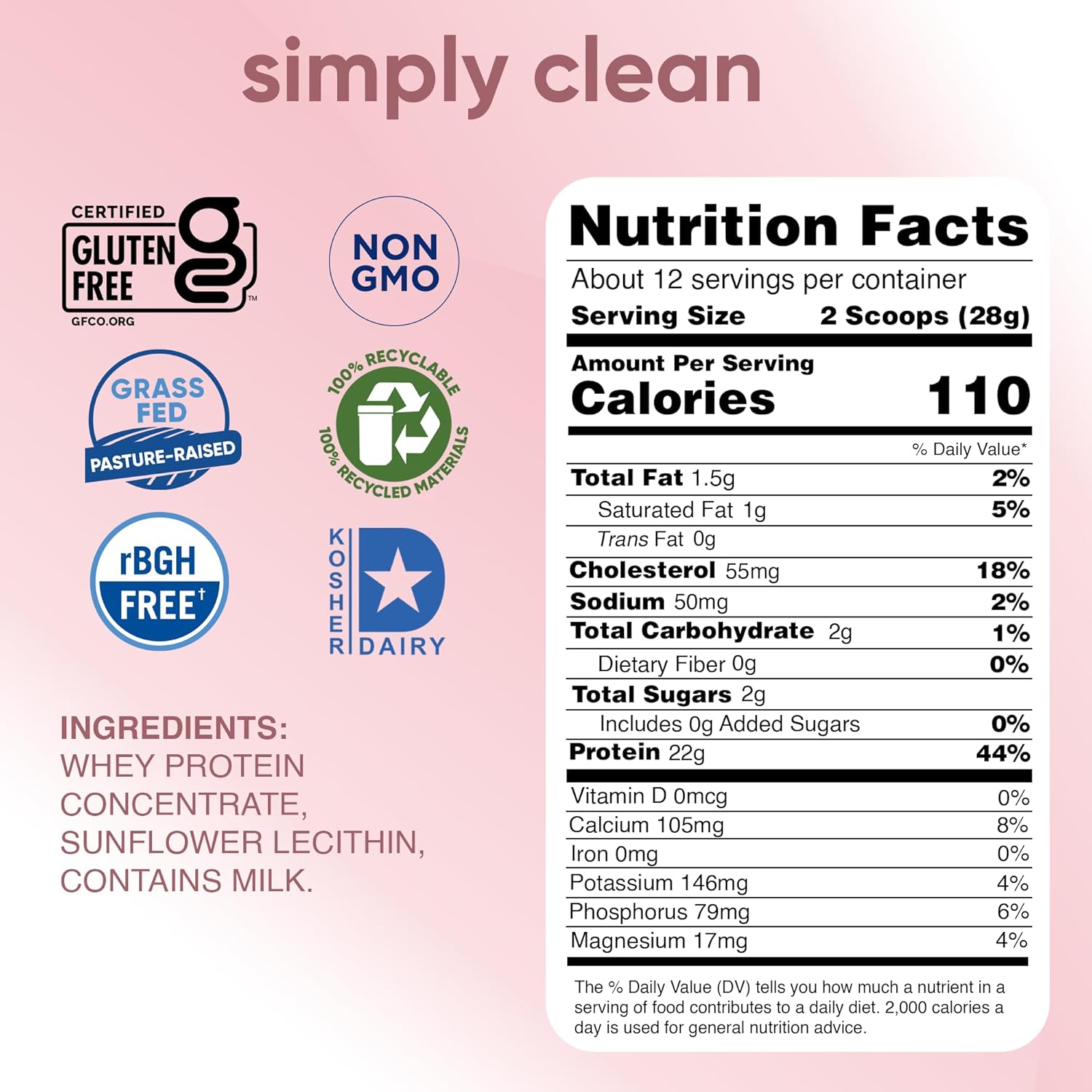 Pure Grass Fed Whey Protein Powder - Unsweetened, Non-GMO, Kosher - 12 Oz