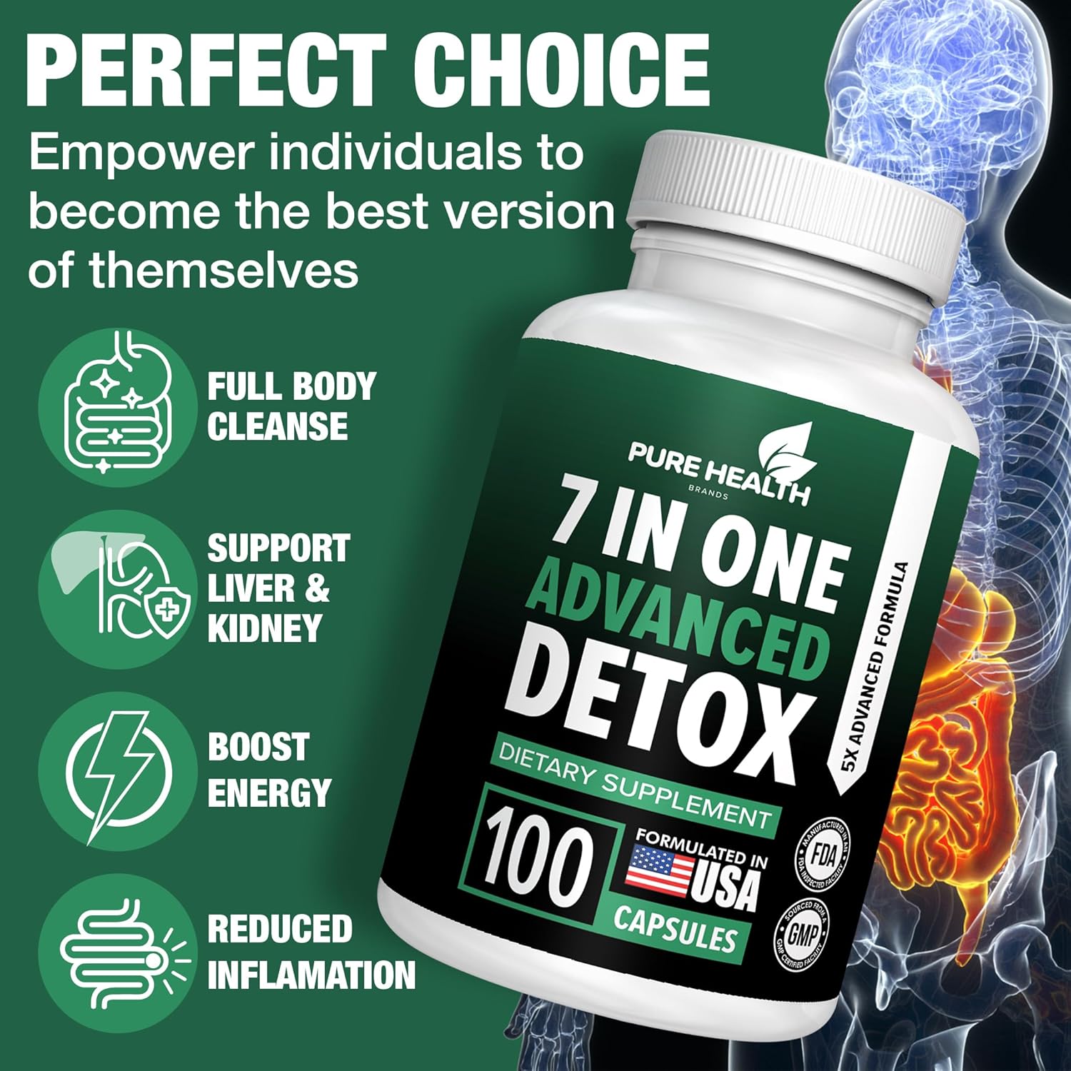 Pure Health Brands Extra Strength 7-in-1 Advanced Formula for Full Body Cleanse - Detox & Liver Repair - Natural Toxins Remover - Healthy Liver Support (100 Capsules)