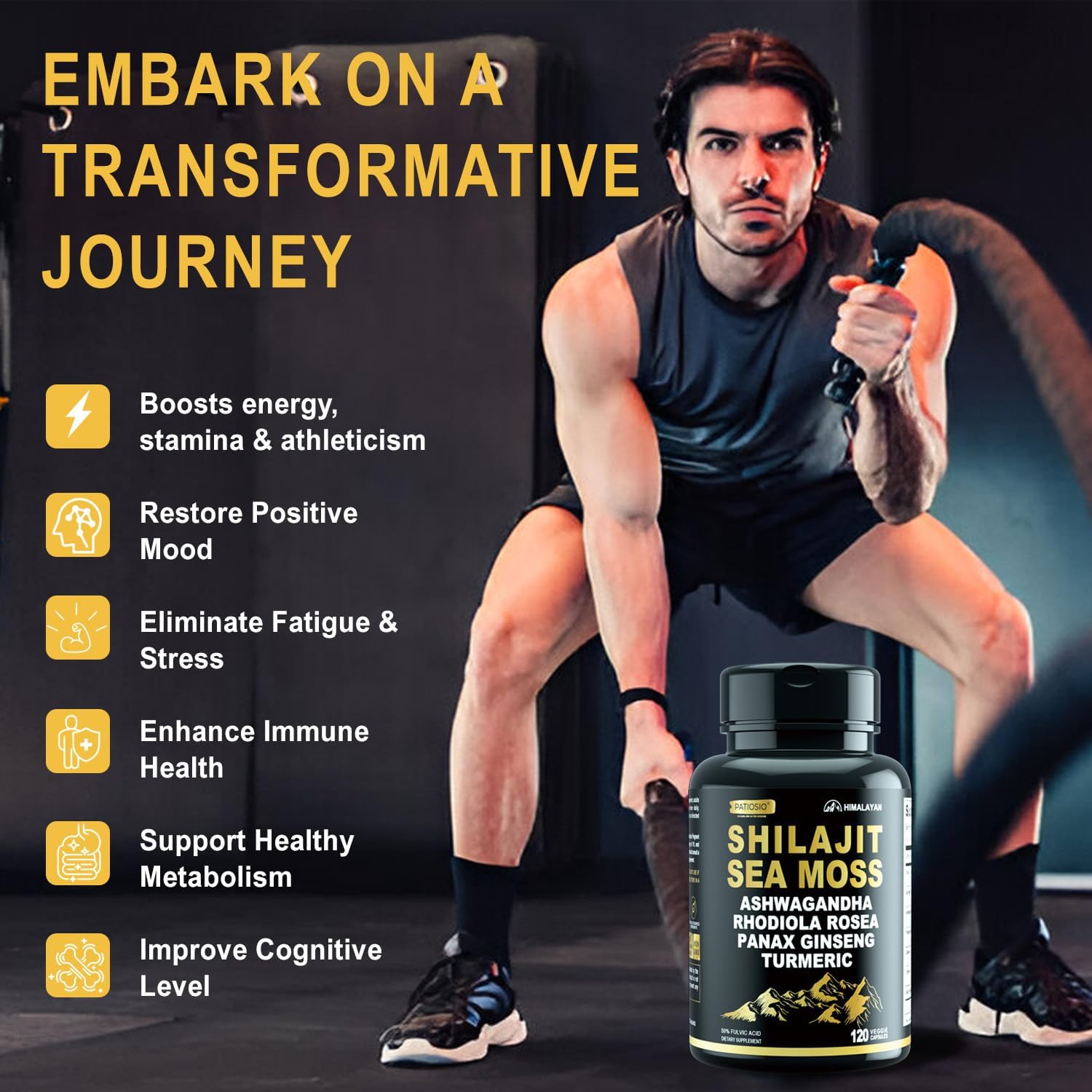 Pure Himalayan Shilajit Capsules for Men - 50% Fulvic Acid, 85+ Trace Minerals with Ashwagandha & Sea Moss - Energy & Stamina - 120 Capsules