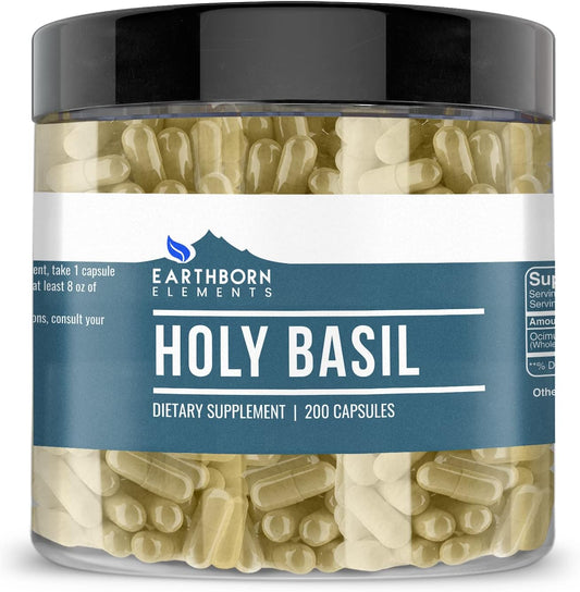 Pure Holy Basil Extract Capsules - 200 Count, All-Natural & Additive-Free by Earthborn Elements