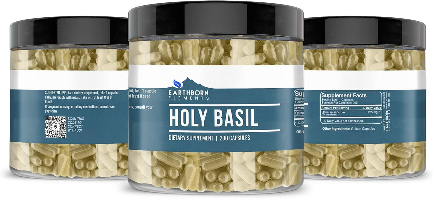 Pure Holy Basil Extract Capsules - 200 Count, All-Natural & Additive-Free by Earthborn Elements