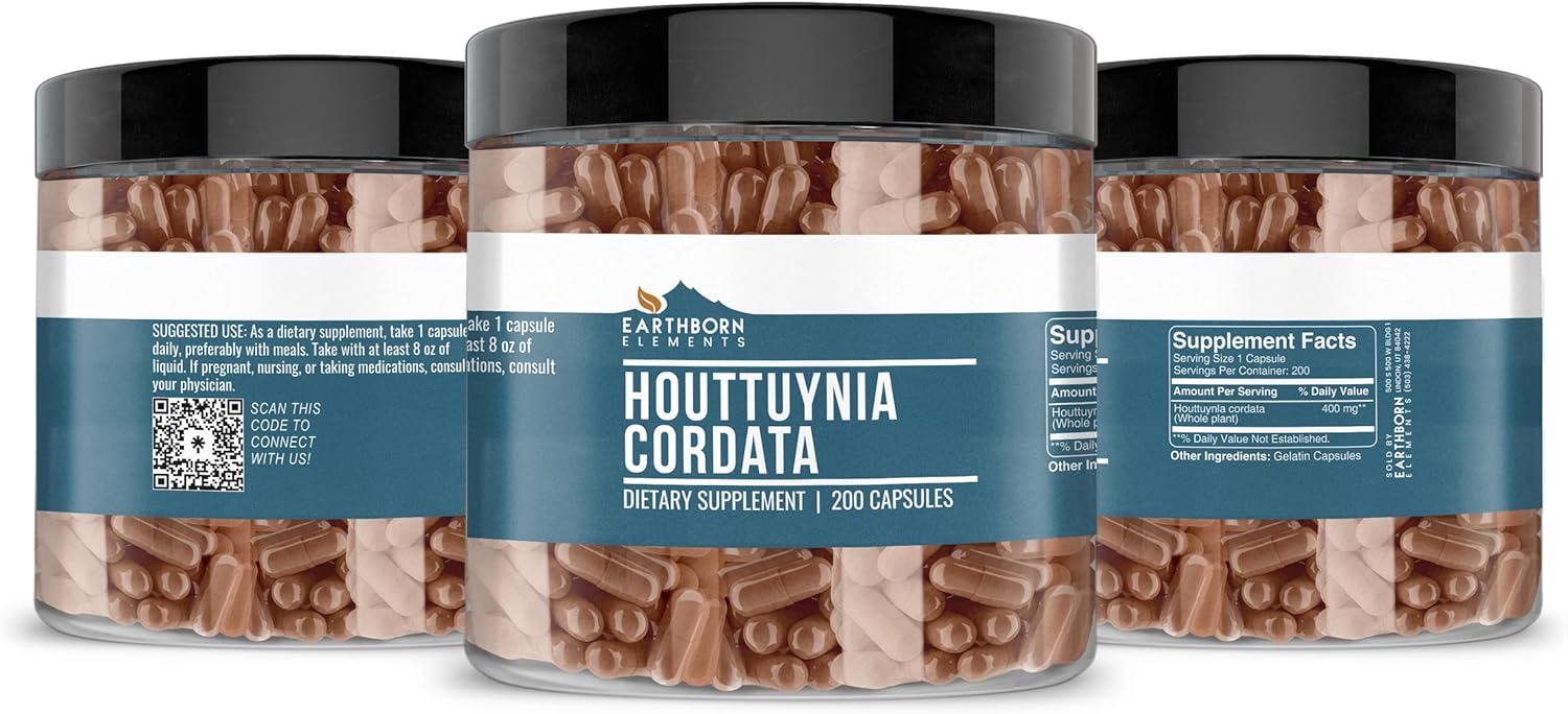 Pure Houttuynia Cordata Capsules - 200 Count, No Additives - Earthborn Elements