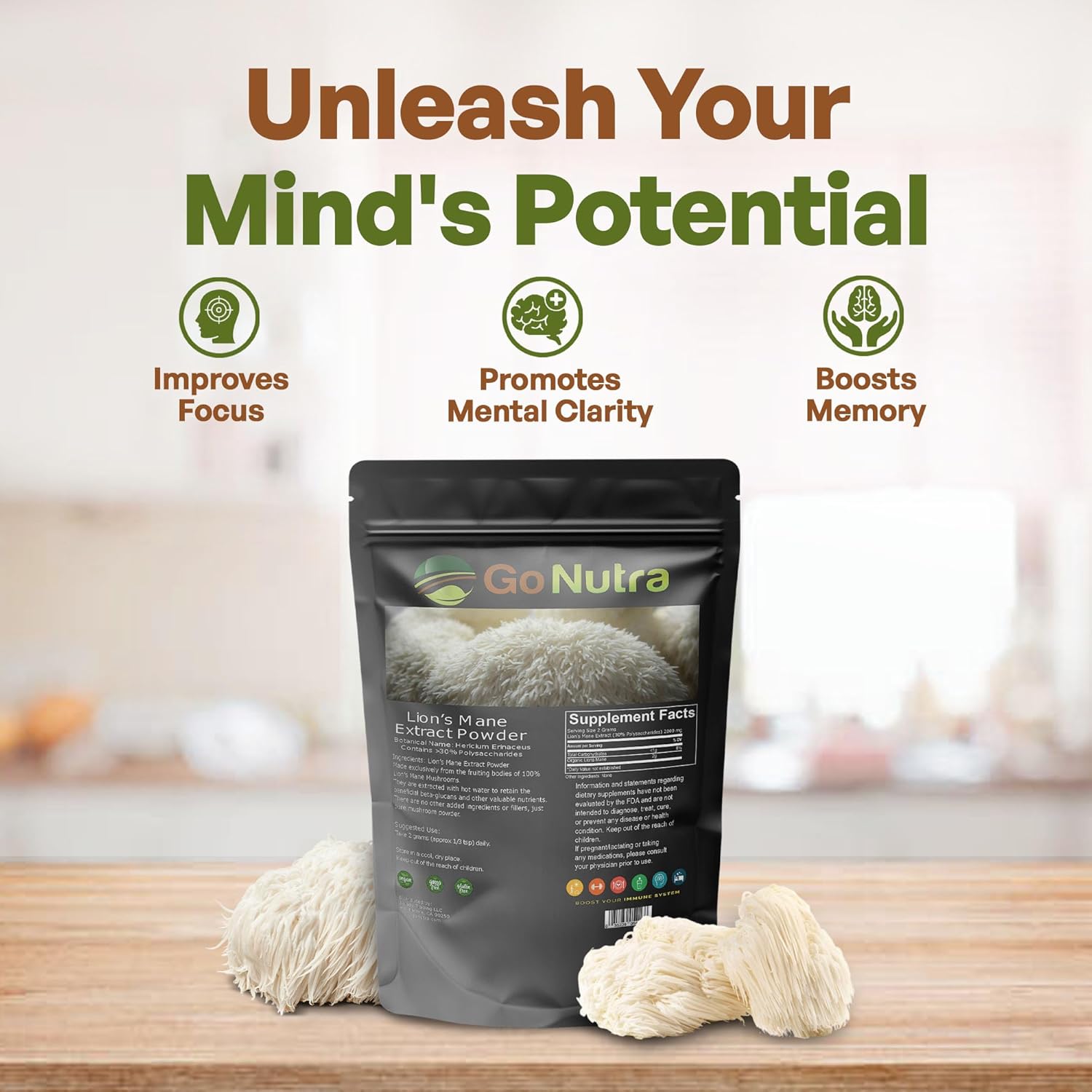 Pure Lion’s Mane Mushroom Powder 10:1 Extract, 30% Polysaccharides, Non-GMO Vegan Supplement for Tea, Juice, Water, 4 oz