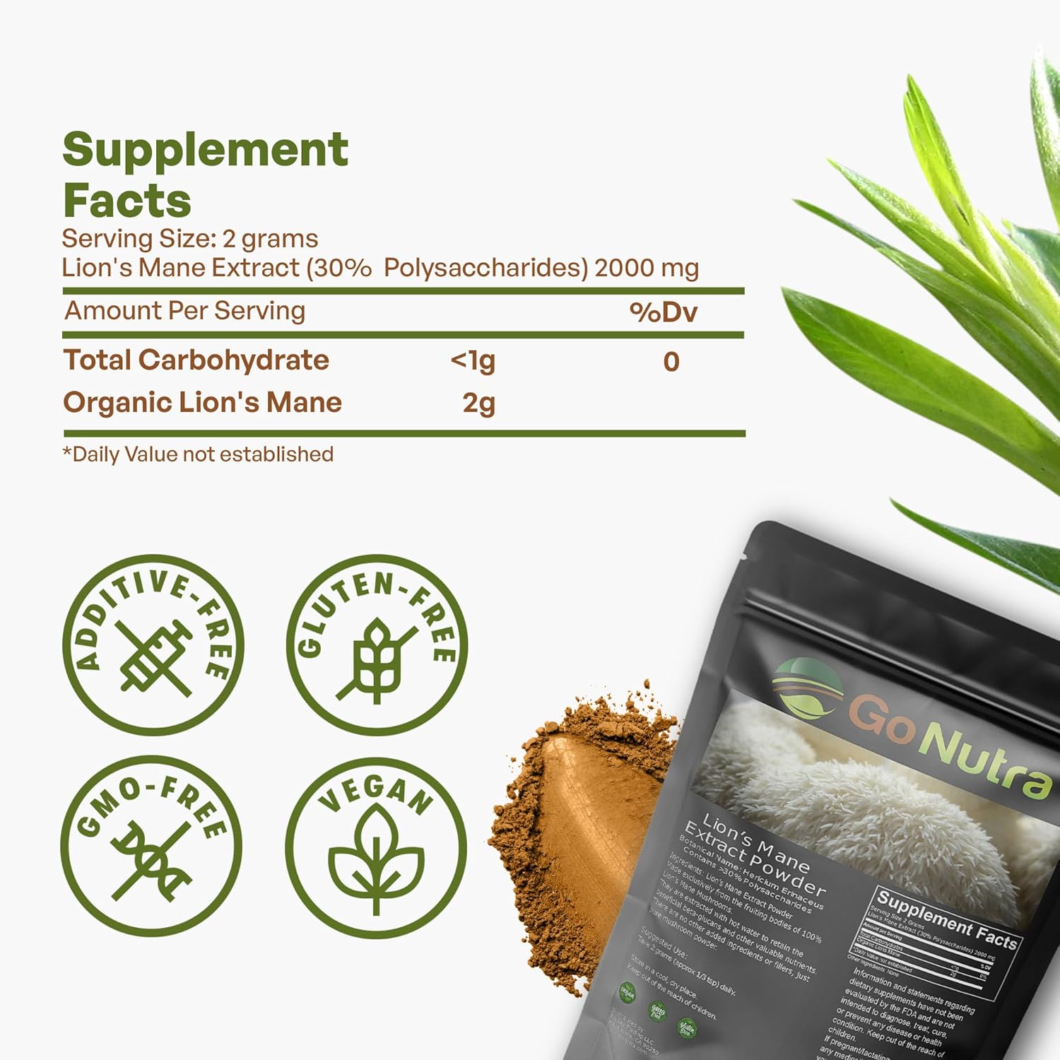 Pure Lion’s Mane Mushroom Powder 10:1 Extract, 30% Polysaccharides, Non-GMO Vegan Supplement for Tea, Juice, Water, 4 oz