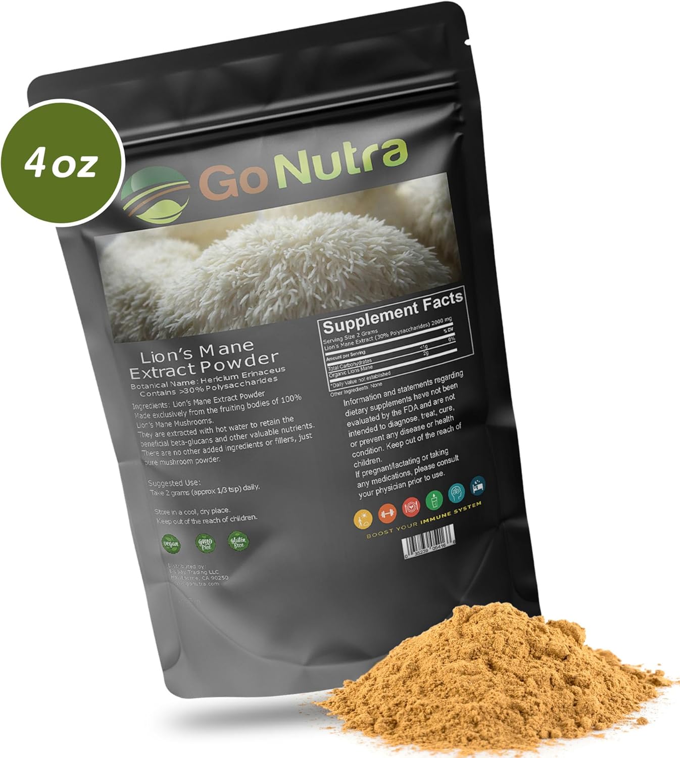 Pure Lion’s Mane Mushroom Powder 10:1 Extract, 30% Polysaccharides, Non-GMO Vegan Supplement for Tea, Juice, Water, 4 oz