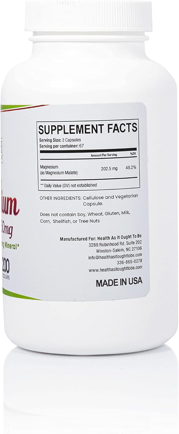 Pure Magnesium Malate 1350 mg Supplement | Highly Absorbable Formula | 200 Capsules by Health As It Ought To Be