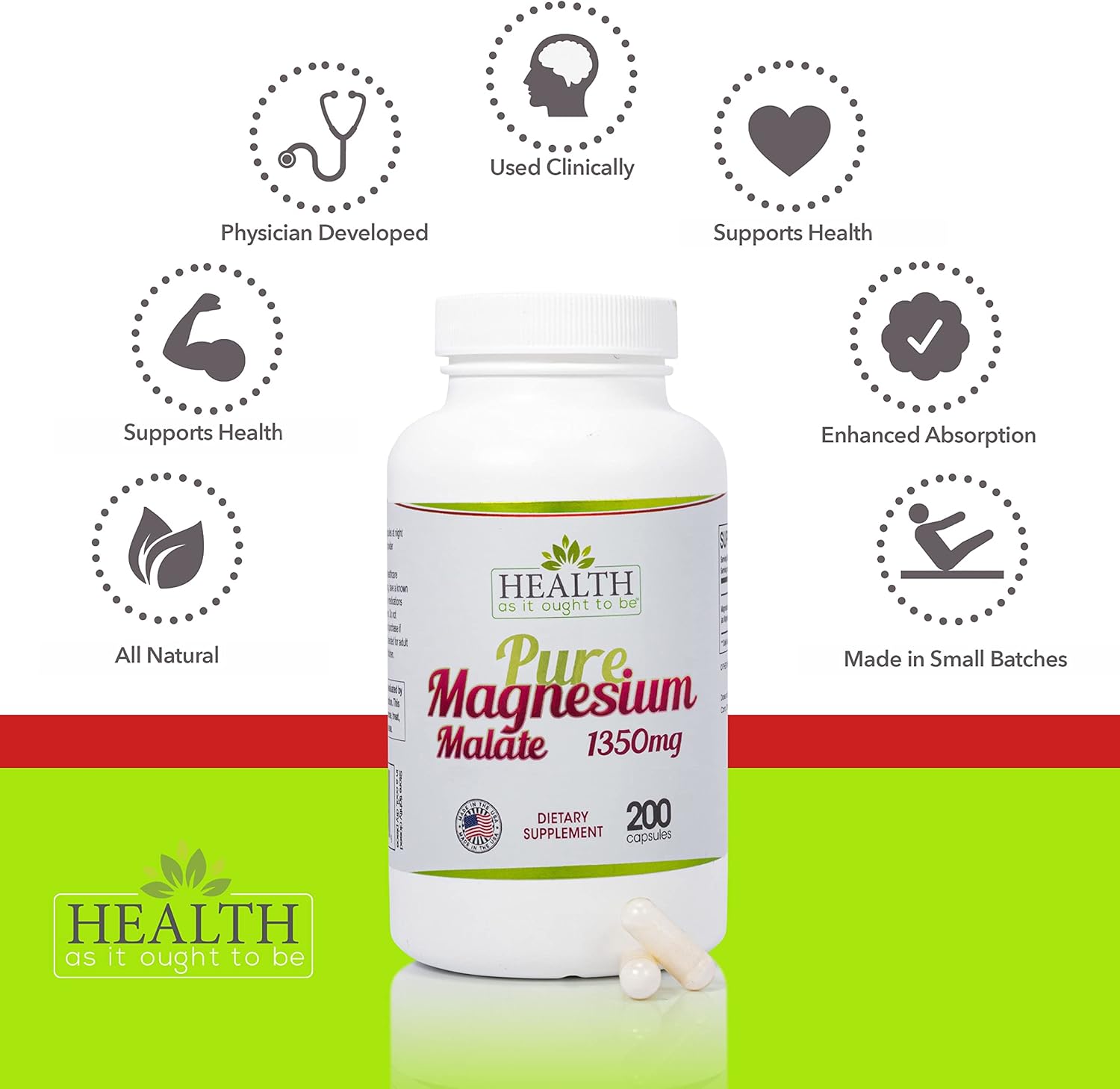 Pure Magnesium Malate 1350 mg Supplement | Highly Absorbable Formula | 200 Capsules by Health As It Ought To Be