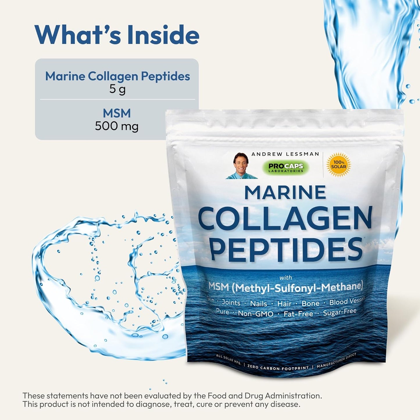 Pure Marine Collagen Peptides Powder with MSM - 120 Servings for Skin and Joint Health, Non-GMO and Additive-Free