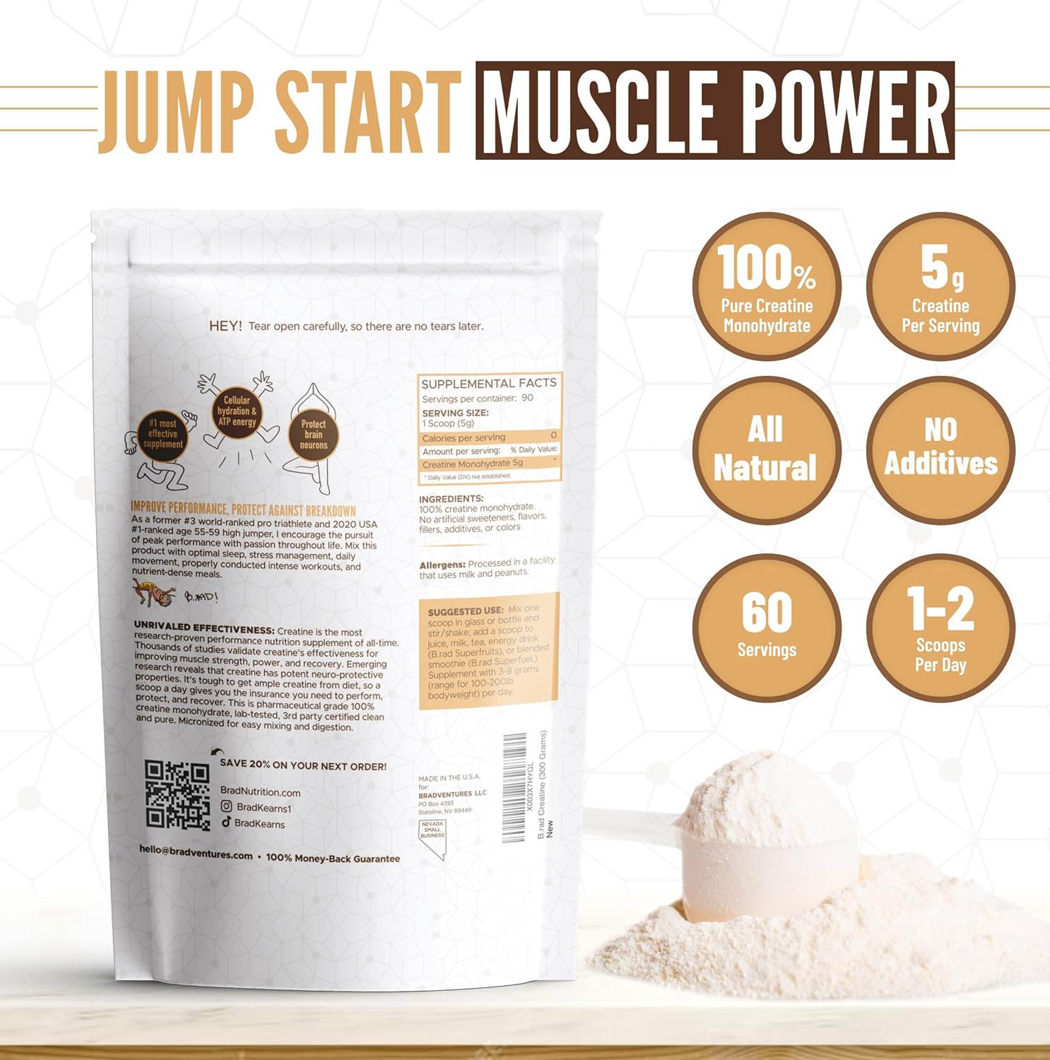 Pure Micronized Creatine Monohydrate Powder for Muscle Strength & Recovery | Natural Brain Health Support | 300g, 60 Servings