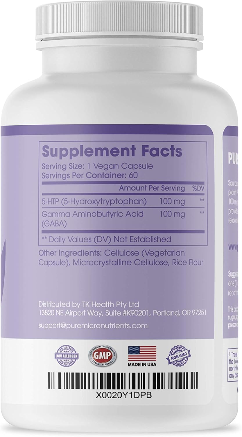 Pure Micronutrients 5-HTP Plus GABA Supplement - Natural Sleep Aid & Stress Relief - 60 Vegetarian Capsules