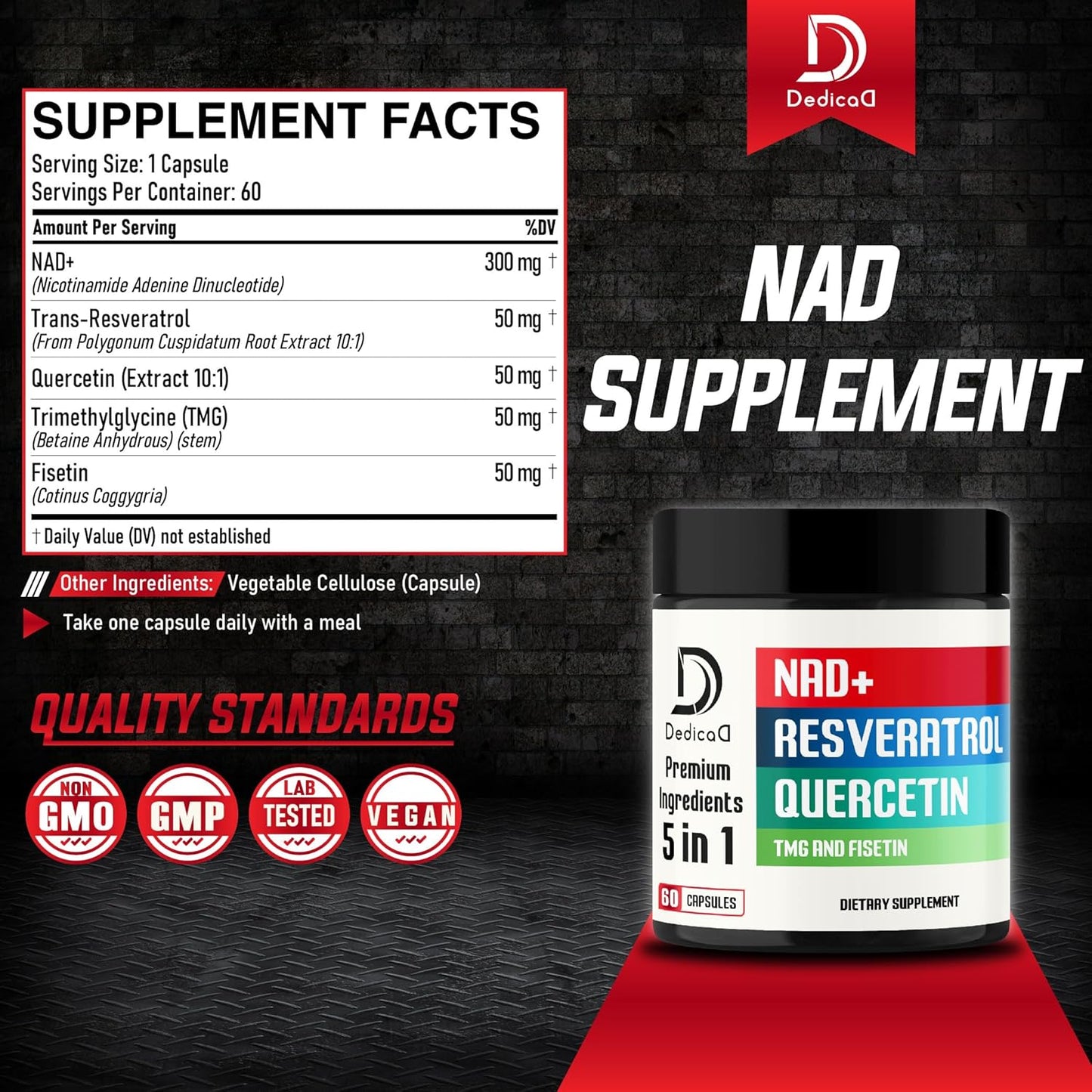 Pure NAD+ Supplement 500mg with Fisetin, TMG, Resveratrol, and Quercetin - Energy, DNA Repair, Aging Defense - 60 Capsules