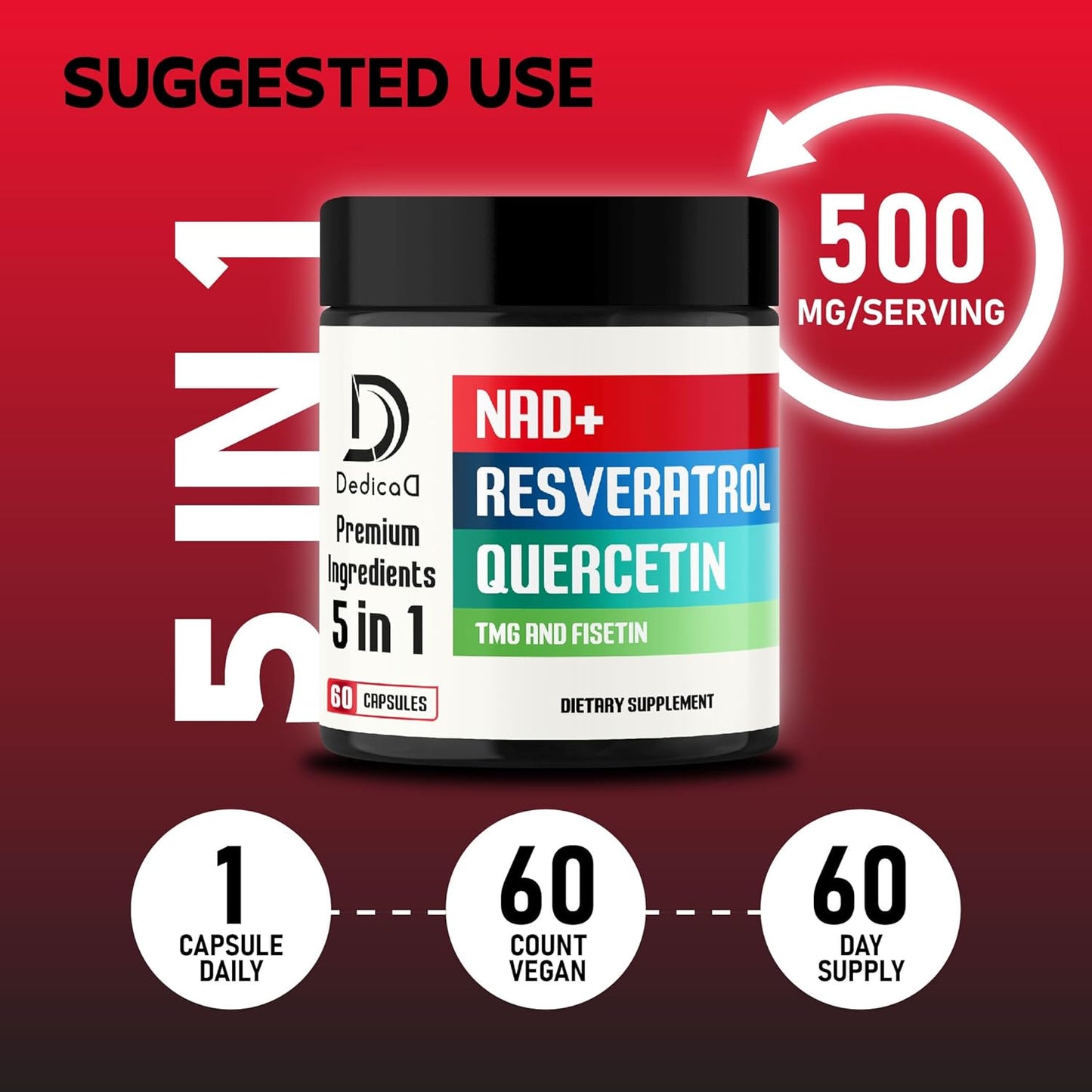 Pure NAD+ Supplement 500mg with Fisetin, TMG, Resveratrol, and Quercetin - Energy, DNA Repair, Aging Defense - 60 Capsules