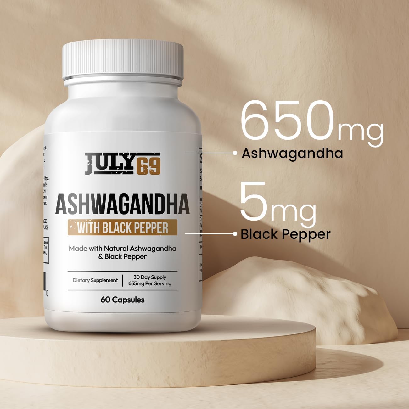 Pure Nature Made Ashwagandha Capsules with Black Pepper - 60 Capsules, 655mg per Serving, Boost Energy & Immunity, Root Extract Complex, for Men & Women, Third-Party Tested