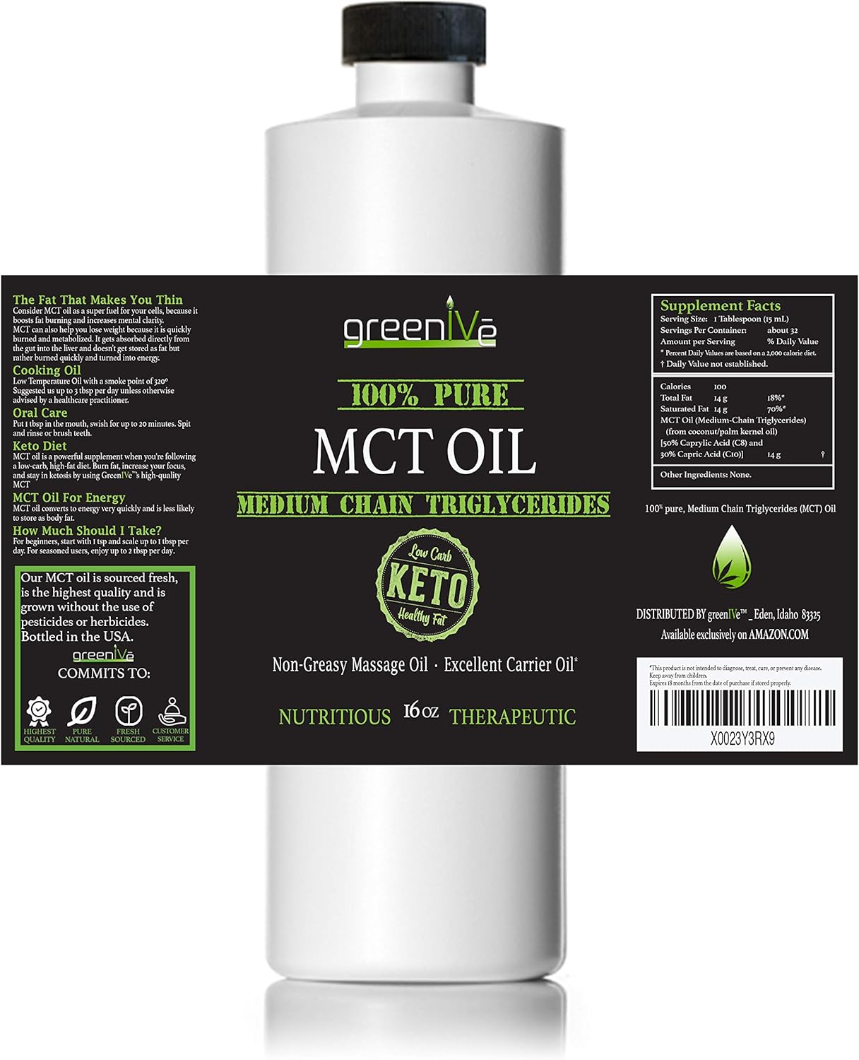 Pure Non-GMO GreenIVe MCT Oil for Body and Mind Fuel - 16 Ounce Bottle