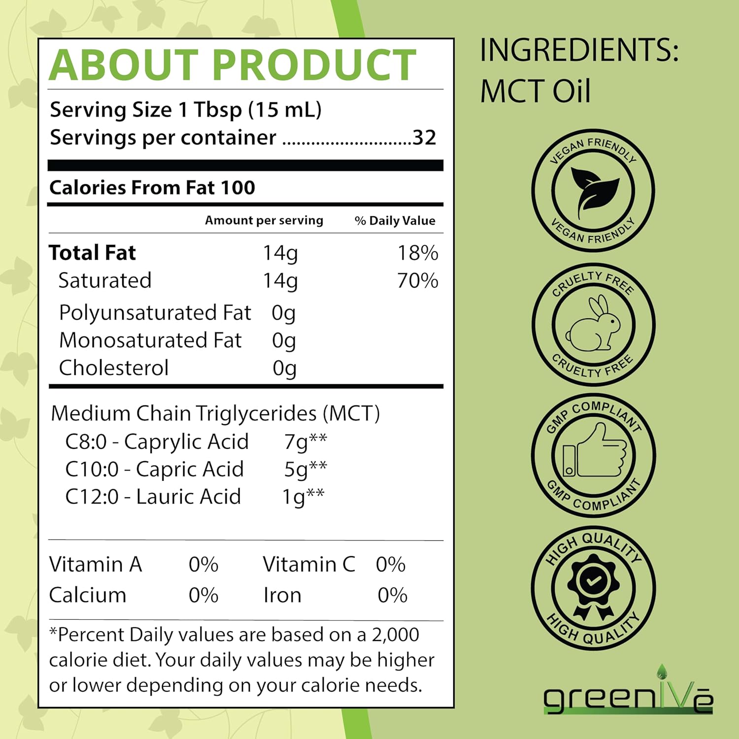 Pure Non-GMO GreenIVe MCT Oil for Body and Mind Fuel - 16 Ounce Bottle