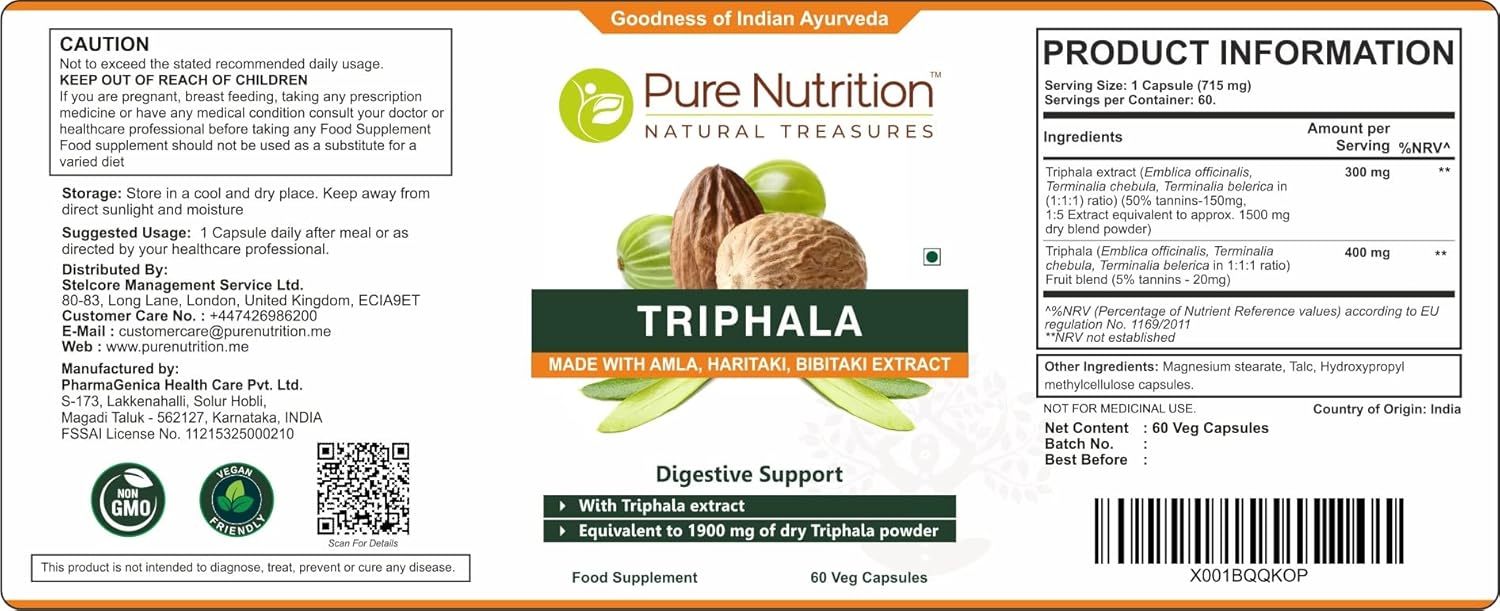 Pure Nutrition Triphala Extract 700mg - Non-GMO Daily Supplement for Digestive Health - 60 Day Supply
