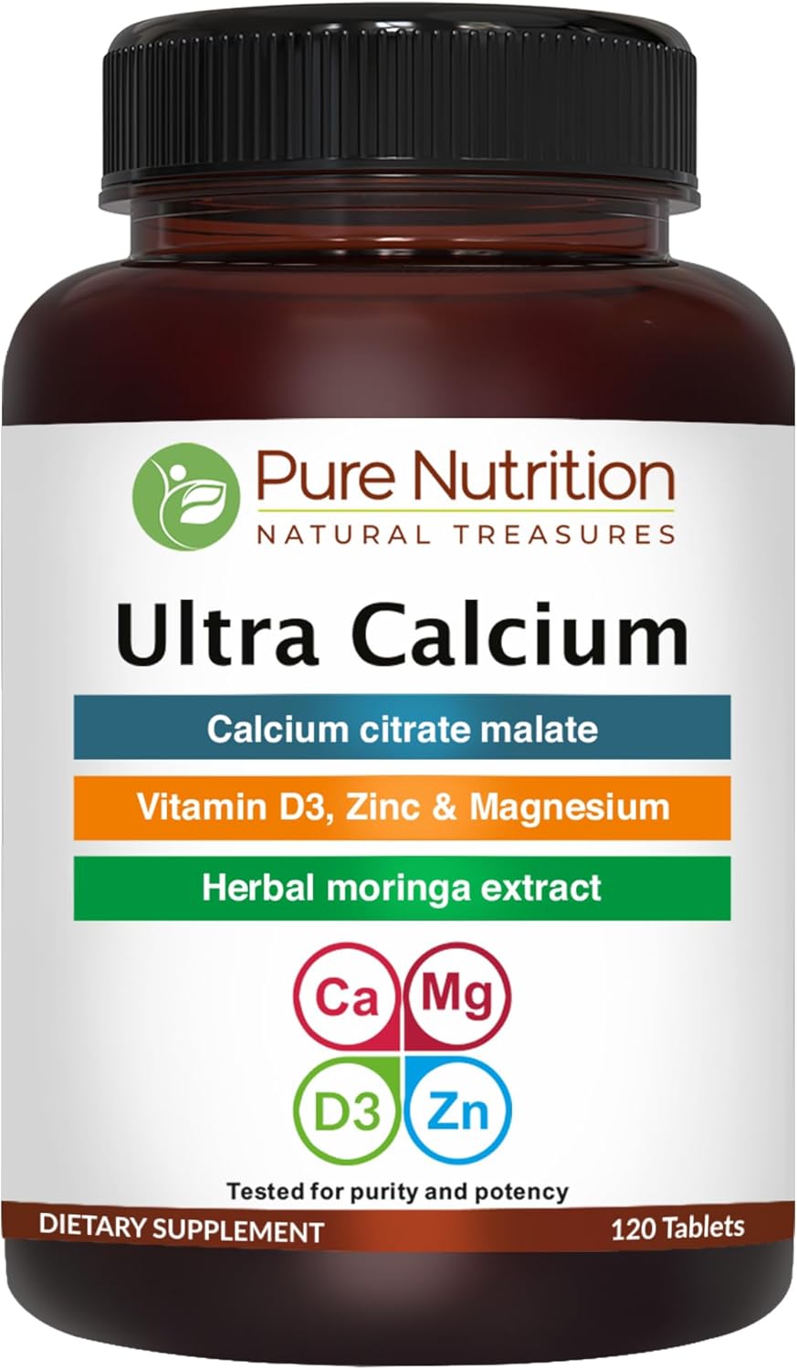 Pure Nutrition Ultra Calcium Citrate Malate | 1000mg Highly Absorbable Supplement with Vitamin D3, Magnesium, and Zinc | Non-GMO | Gluten-Free | 120 Veg Tabs