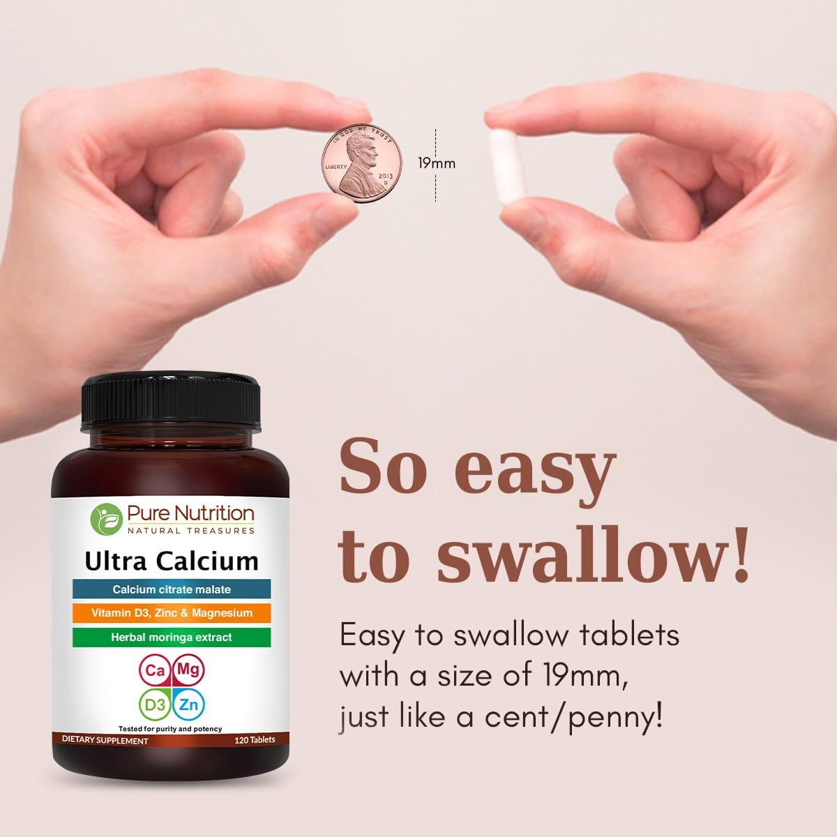 Pure Nutrition Ultra Calcium Citrate Malate | 1000mg Highly Absorbable Supplement with Vitamin D3, Magnesium, and Zinc | Non-GMO | Gluten-Free | 120 Veg Tabs