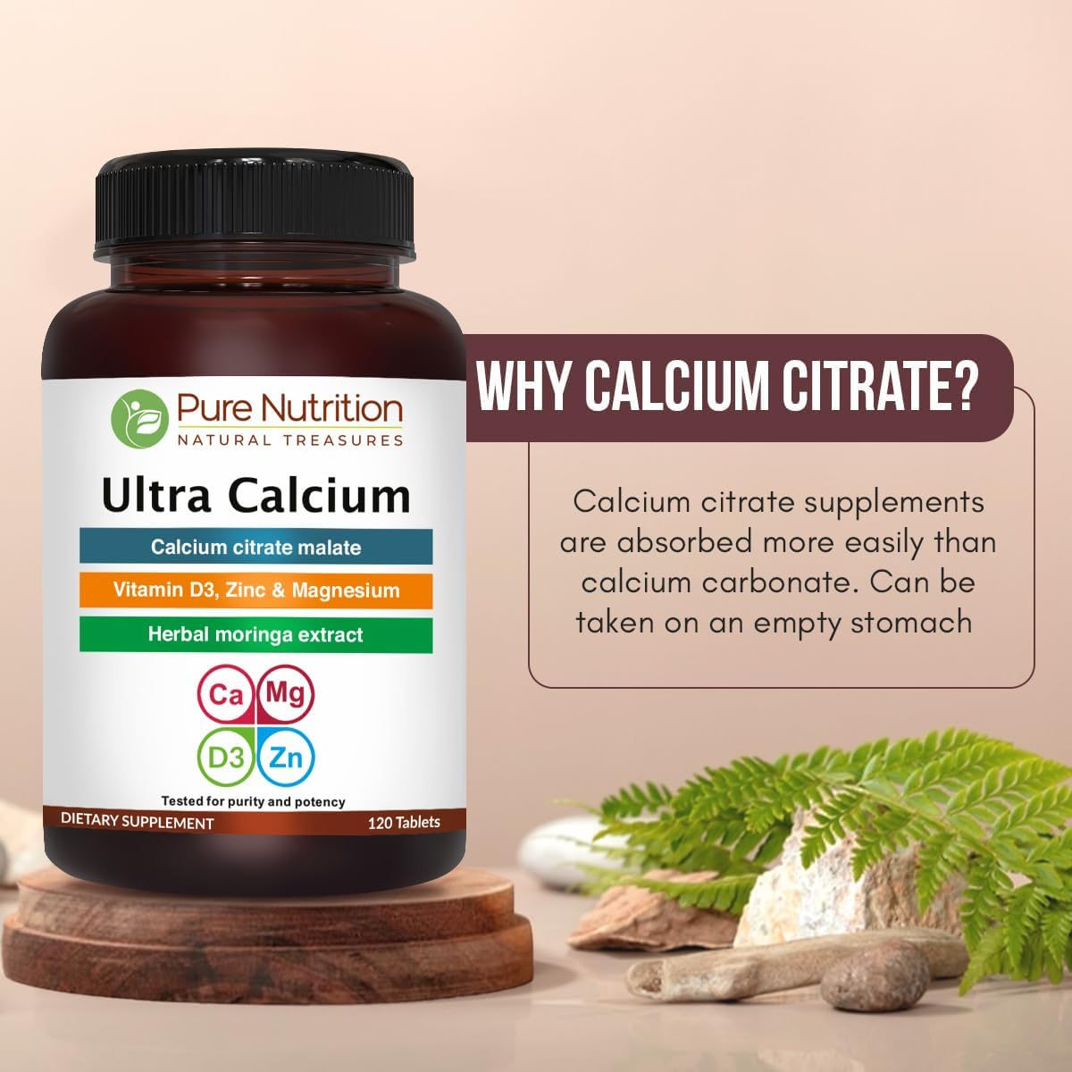 Pure Nutrition Ultra Calcium Citrate Malate | 1000mg Highly Absorbable Supplement with Vitamin D3, Magnesium, and Zinc | Non-GMO | Gluten-Free | 120 Veg Tabs