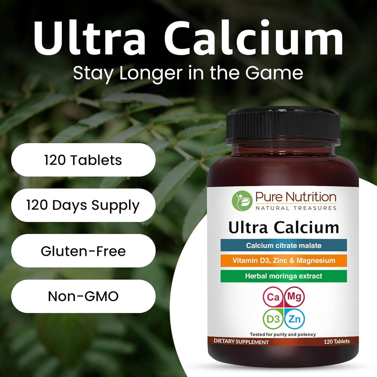 Pure Nutrition Ultra Calcium Citrate Malate | 1000mg Highly Absorbable Supplement with Vitamin D3, Magnesium, and Zinc | Non-GMO | Gluten-Free | 120 Veg Tabs