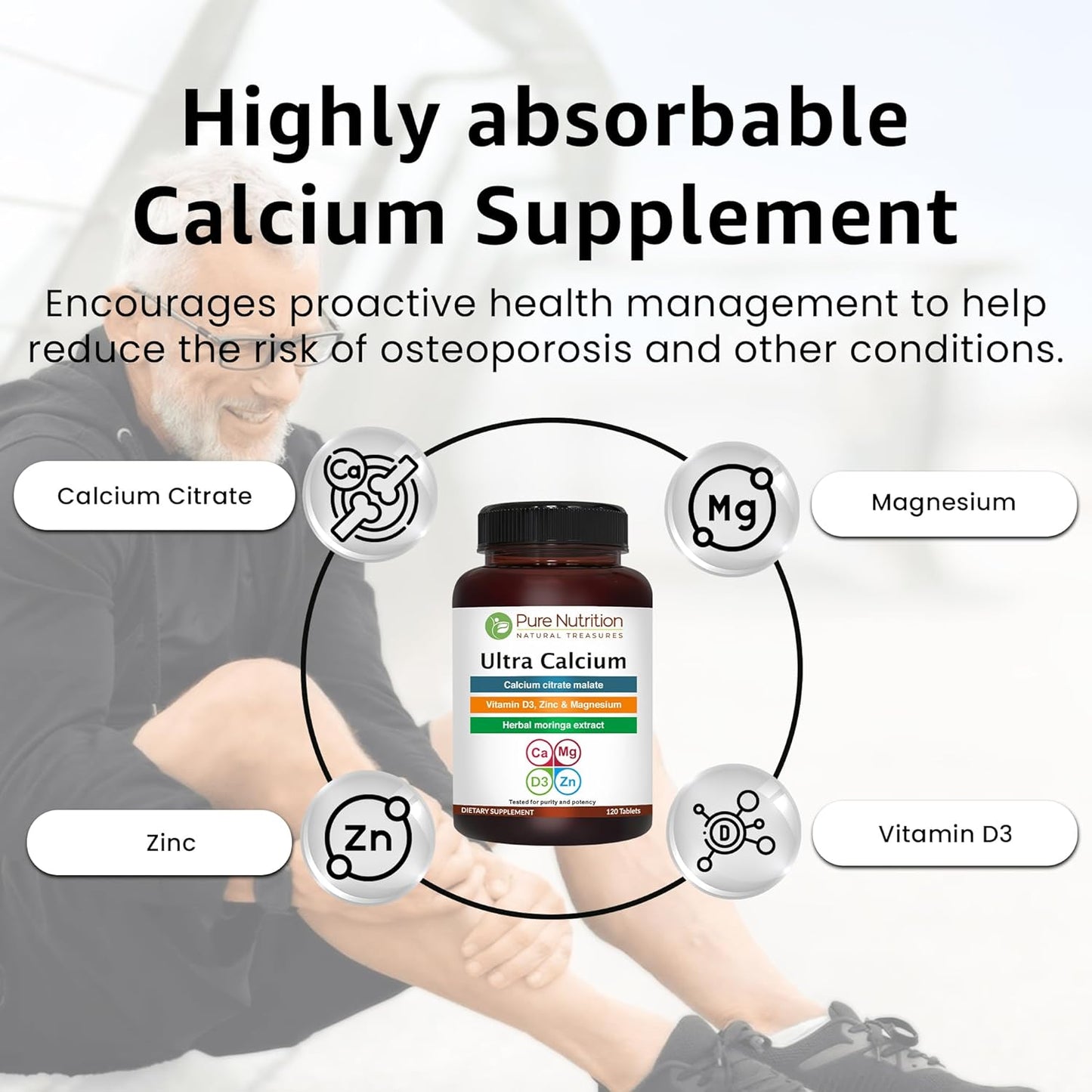 Pure Nutrition Ultra Calcium Citrate Malate | 1000mg Highly Absorbable Supplement with Vitamin D3, Magnesium, and Zinc | Non-GMO | Gluten-Free | 120 Veg Tabs